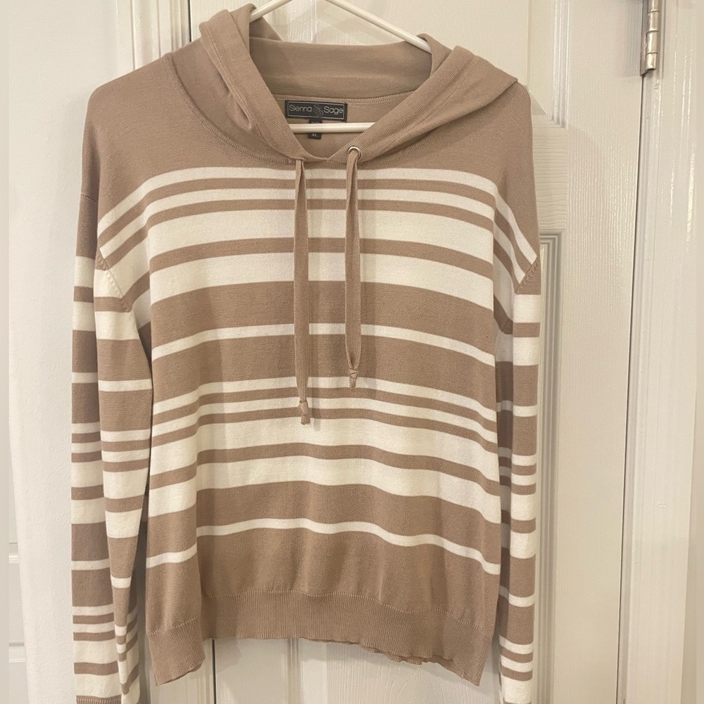 Sienna Sage Women's Taupe & White Striped  Nautical Hoodie Sweater in size xlg - Picture 2 of 8